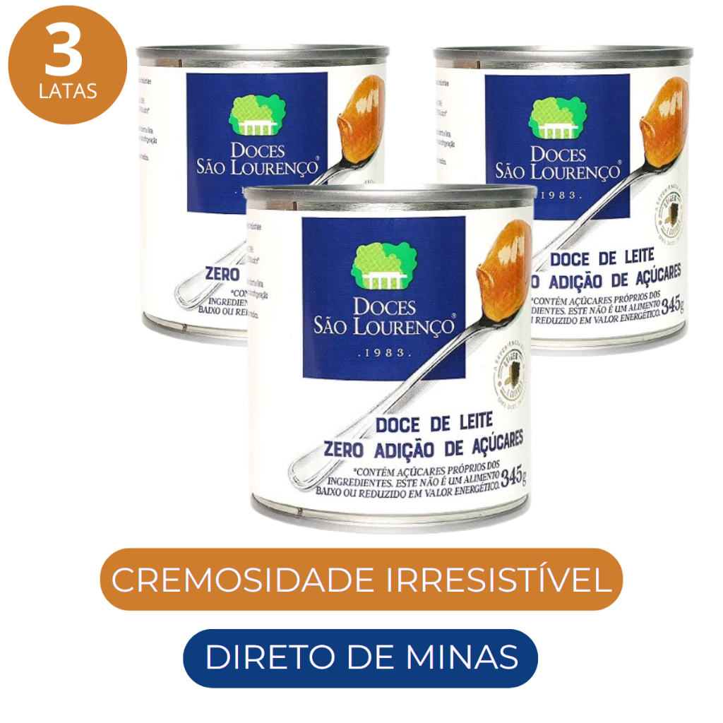 Kit 3 Latas Doce de Leite Diet Zero Açúcar 345g Cremoso Doces São Lourenço Promoção Atacado