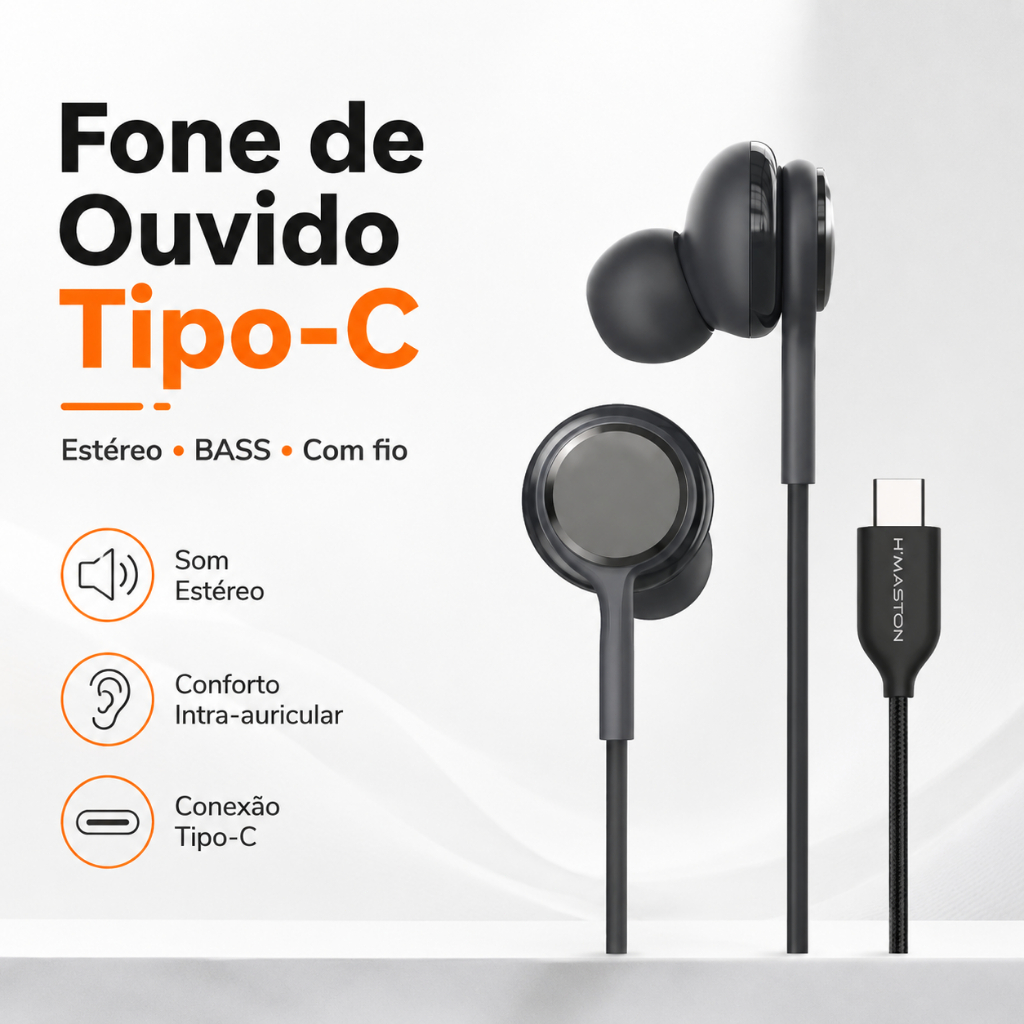 Fone de Ouvido Tipo-C H'maston EAR-01 Com Fio Microfone Estéreo Bass Para Samsung Celular EAR-01
