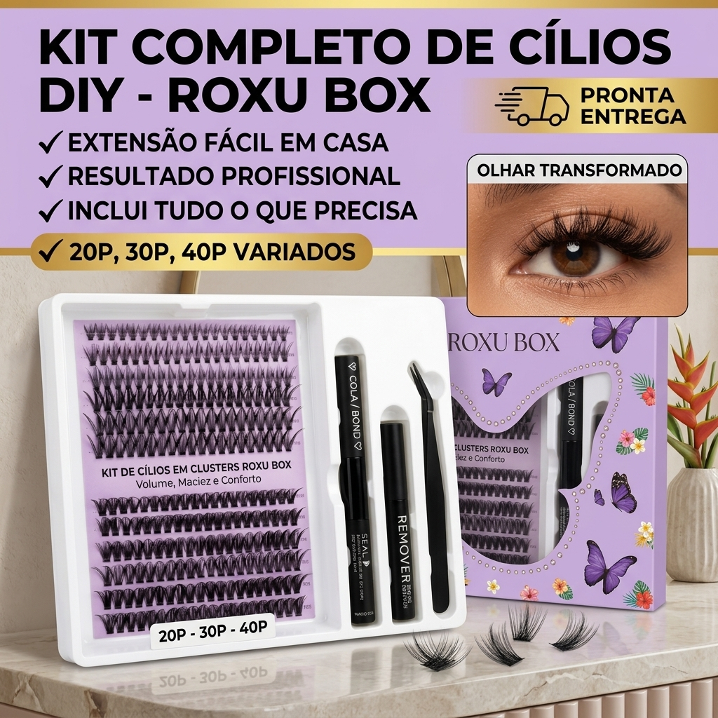 Kit de Cílios Postiços DIY  Completo Extensão em Casa 20P 30P 40P Cola + Removedor + Pinça Fácil Aplicação CAIXA ROXU