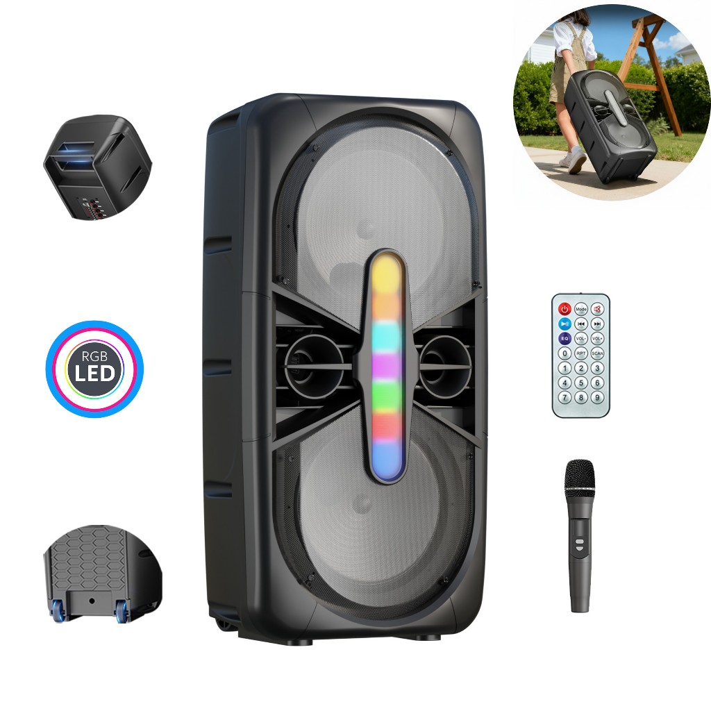 Caixa De Som Bluetooth Profissional 800w Portátil Amplificada, 800w RMS LED RGB com Karaokê com Rodas, USB, AUX, MIC