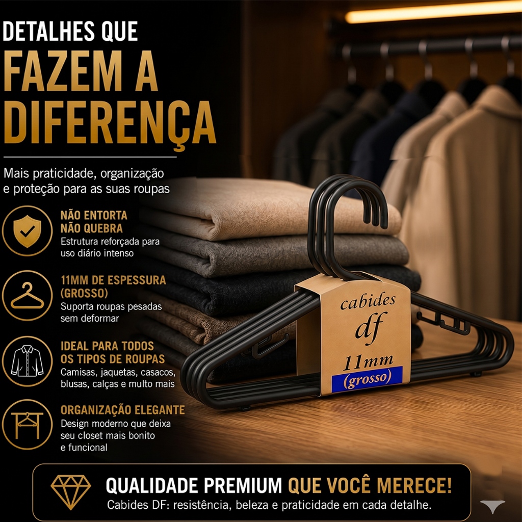 Cabide Adulto Grosso 11mm Reforçado Preto atacado Kit 12 / 24 / 36 /72 Unids Premium Resistente