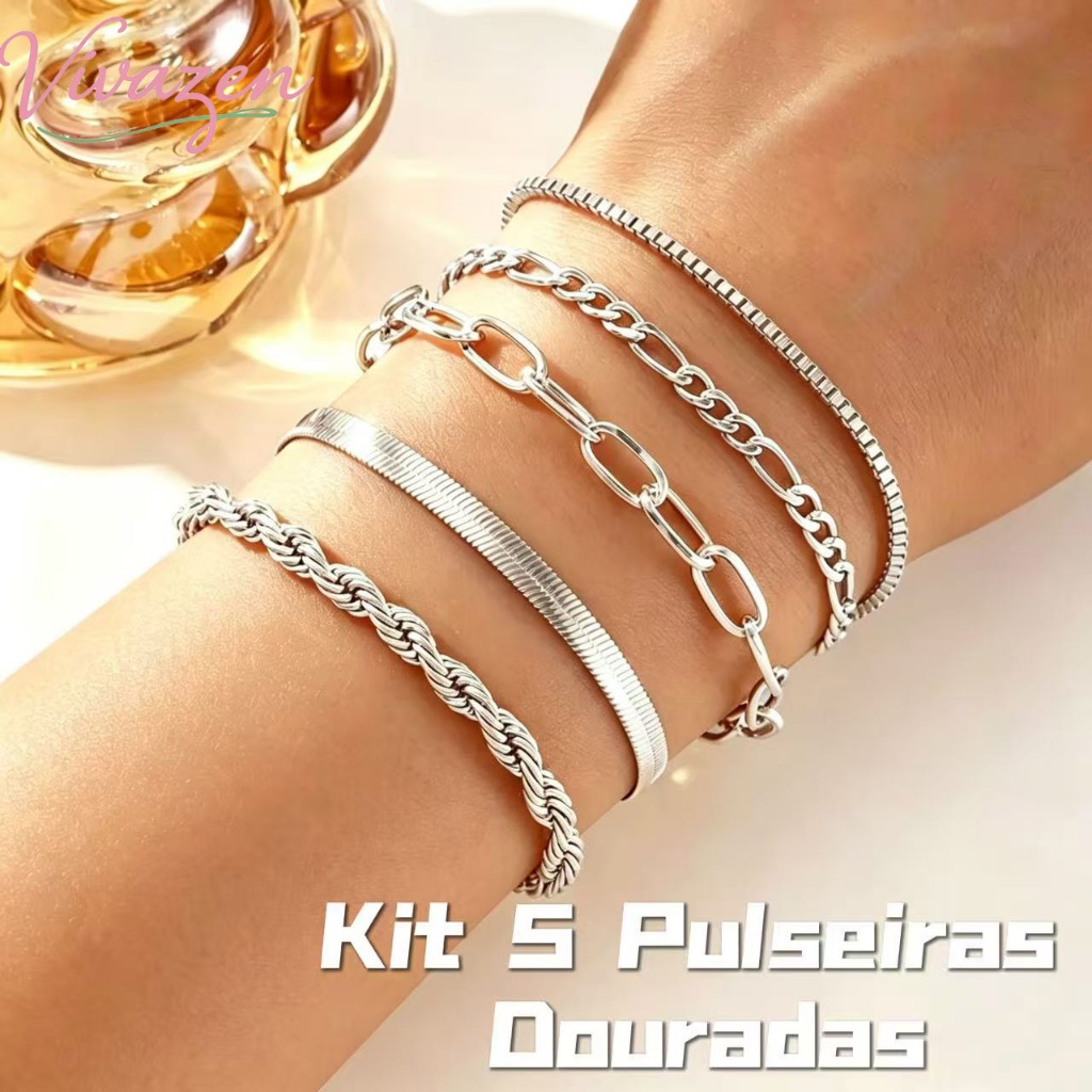 Conjunto De 5pcs/Set Pulseiras De Ouro Vintage-Pulseiras Modernas Em Camadas Com Elos Ajustáveis
