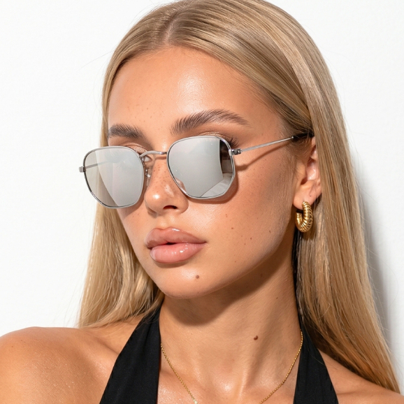 Óculos de Sol Hexagonal Prata Espelhado Armação em Metal Estilo Aviador uv400 Feminino Masculino