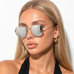 Óculos de Sol Hexagonal Prata Espelhado Armação em Metal Estilo Aviador uv400 Feminino Masculino