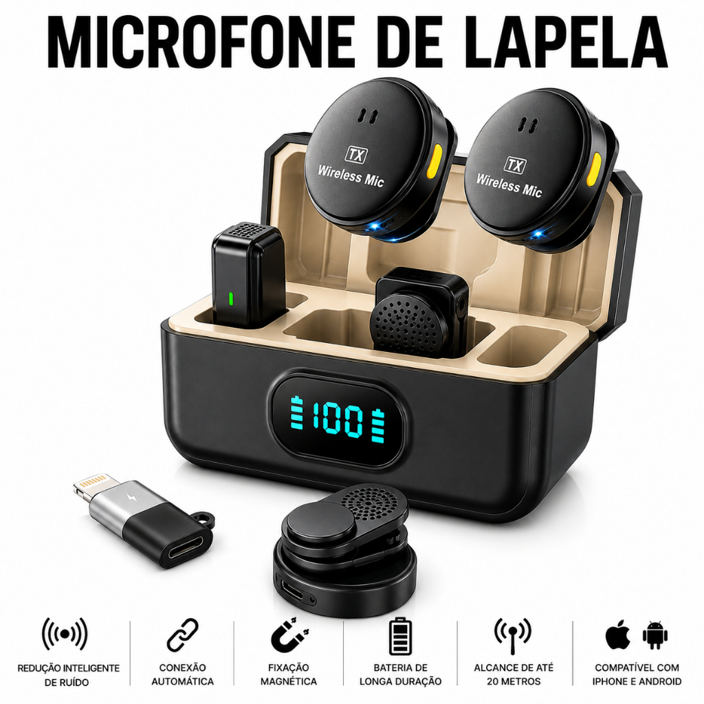 Microfone De Lapela Sem Fio Profissional IOS Android Redução De Ruído Mini Wireless Para Gravação Vídeo Podcast Live