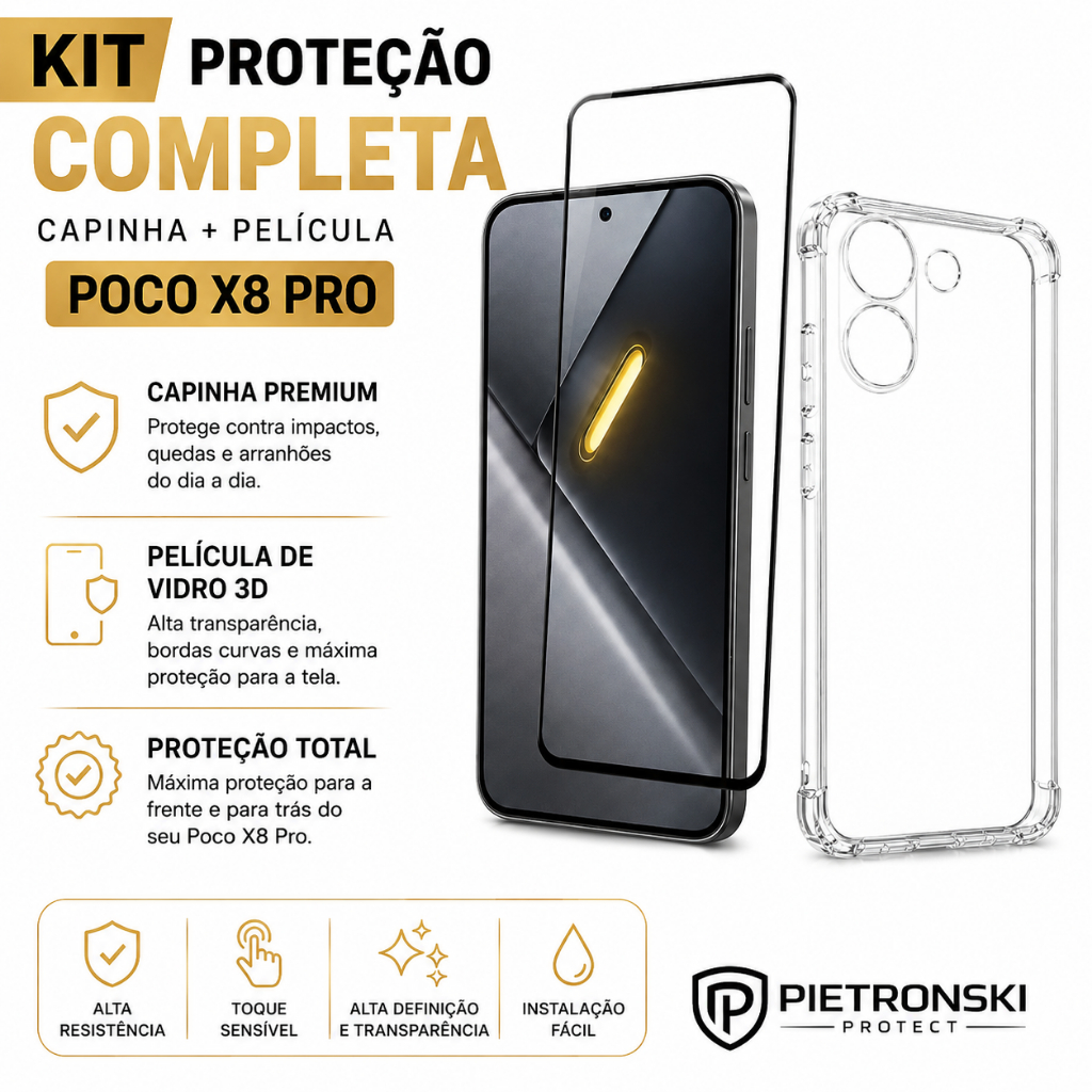 Kit Capinha + Película 3D Xiaomi Poco X8 Pro Anti Impacto Premium - Capa Transparente Premium | Película Vidro temperado