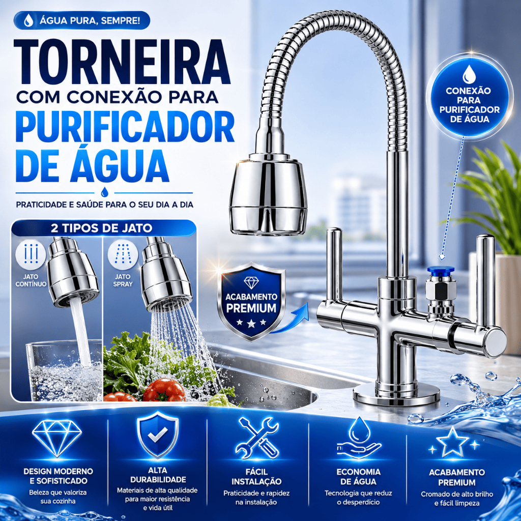 Torneira Cozinha Bancada Flexível Gourmet sem Filtro com Saída para Purificador de Água