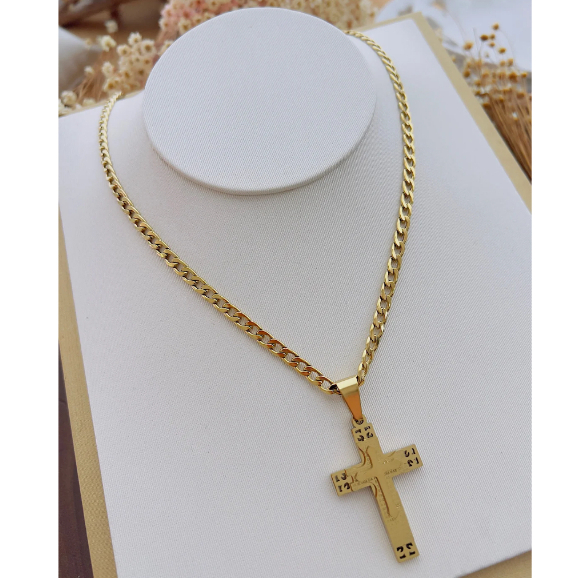 Colar Masculino Aço Inoxidável Dourado Religioso