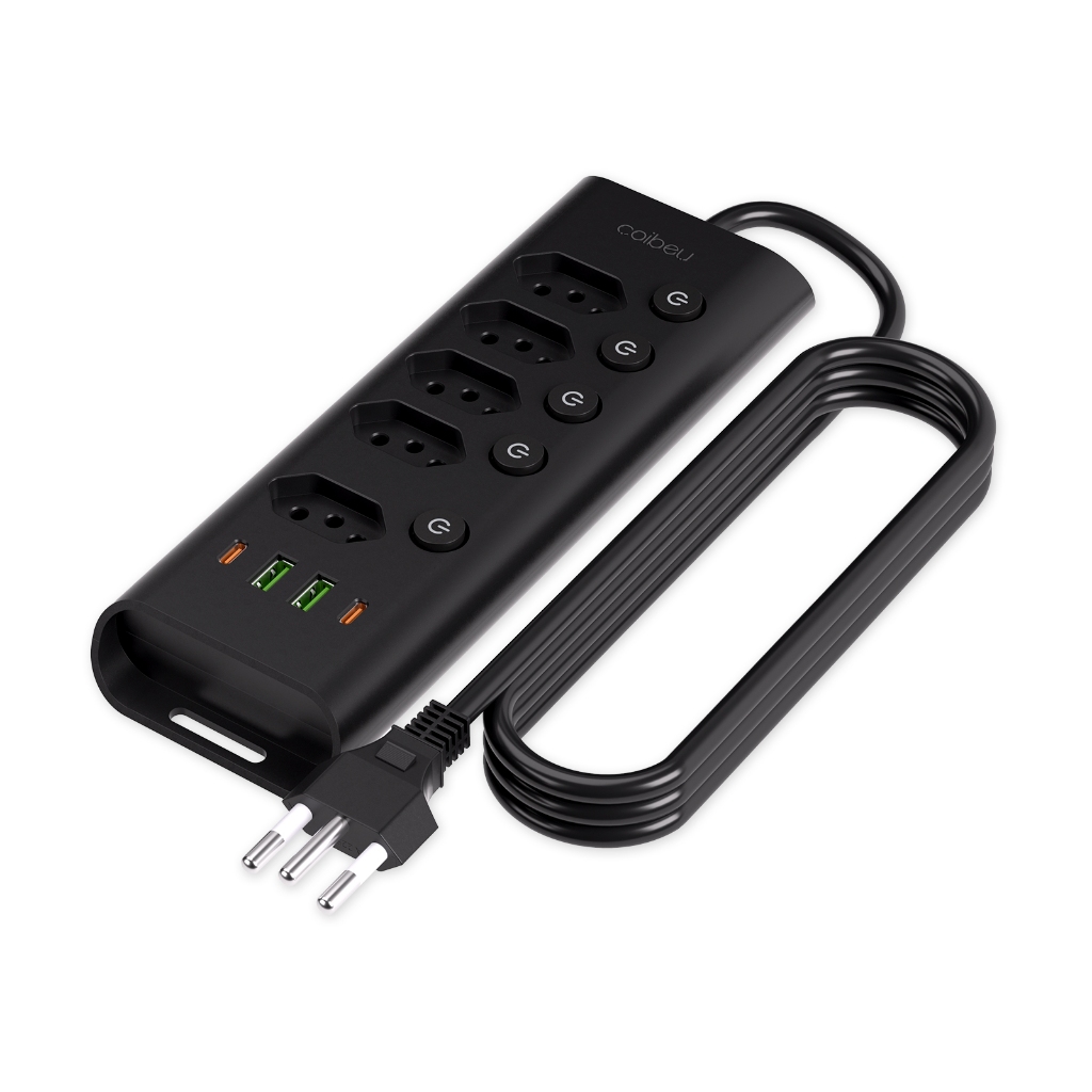 COIBEU Extensao de Tomadas Brasileira 5 Tomadas 2 USB 2 Type C 2500W 10A Bivolt Chave Individual Cabo 1 85m