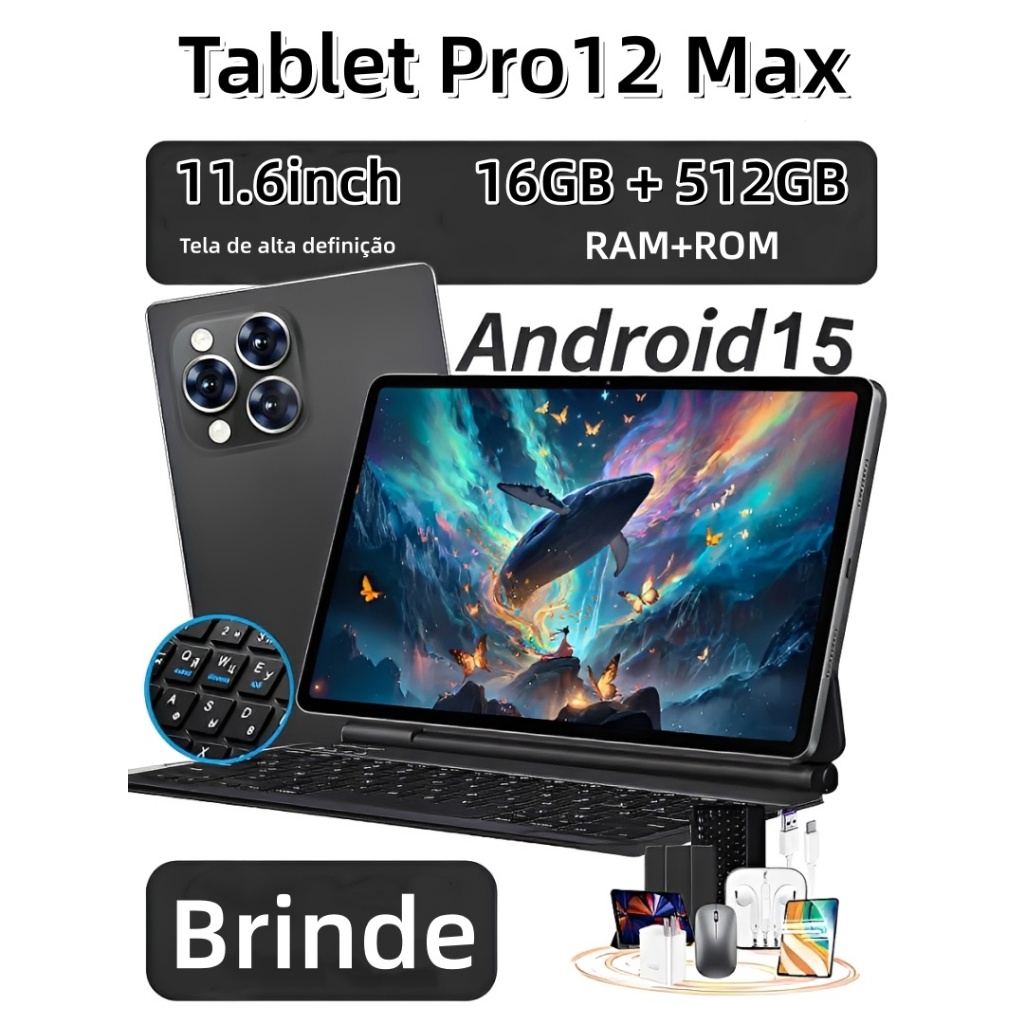 【Teclado e mouse gratuitos】Tablet  Pro12 Max 16 GB + 512 GB 11,6 polegadas 8800 mAh Android 5G Bluetooth Desconto