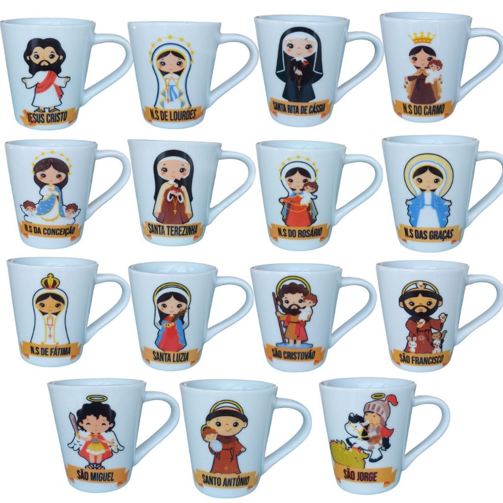 Jogo Caneca Porcelana Santinhos Imagem Nossa Senhora Aparecida xícara Café Chá