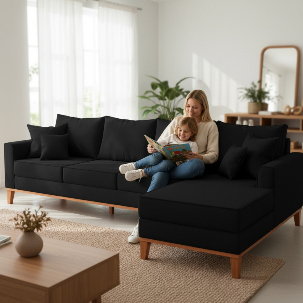 Sofá 4 Lugares Beny com Chaise Direito Corino Preto