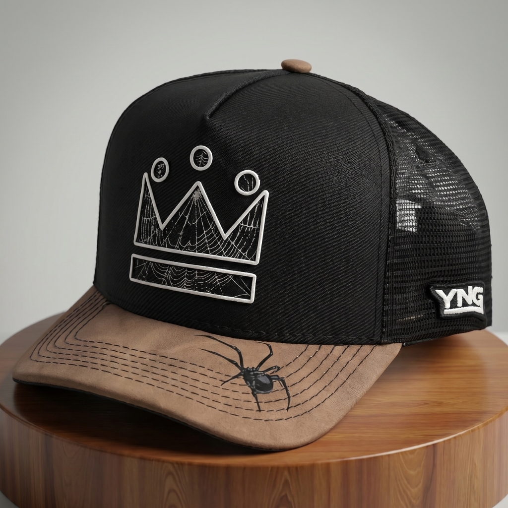 Boné Urbano Bordado Coroa Trucker Aba Curva Couro Bordado Aranha Tela Ventilada Ajustável Masculino