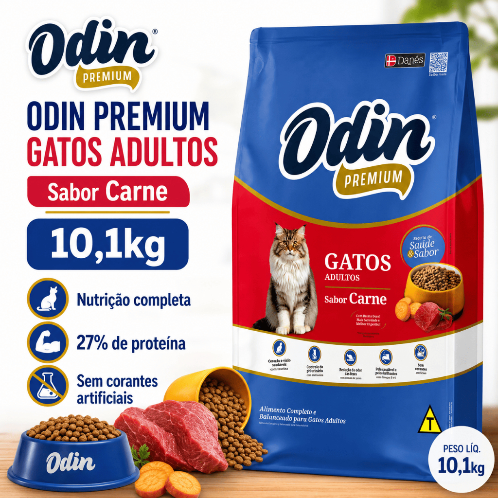 Ração Odin Premium Cat Gatos Adultos Sabor Carne Alimento Alta Qualidade 10.1KG
