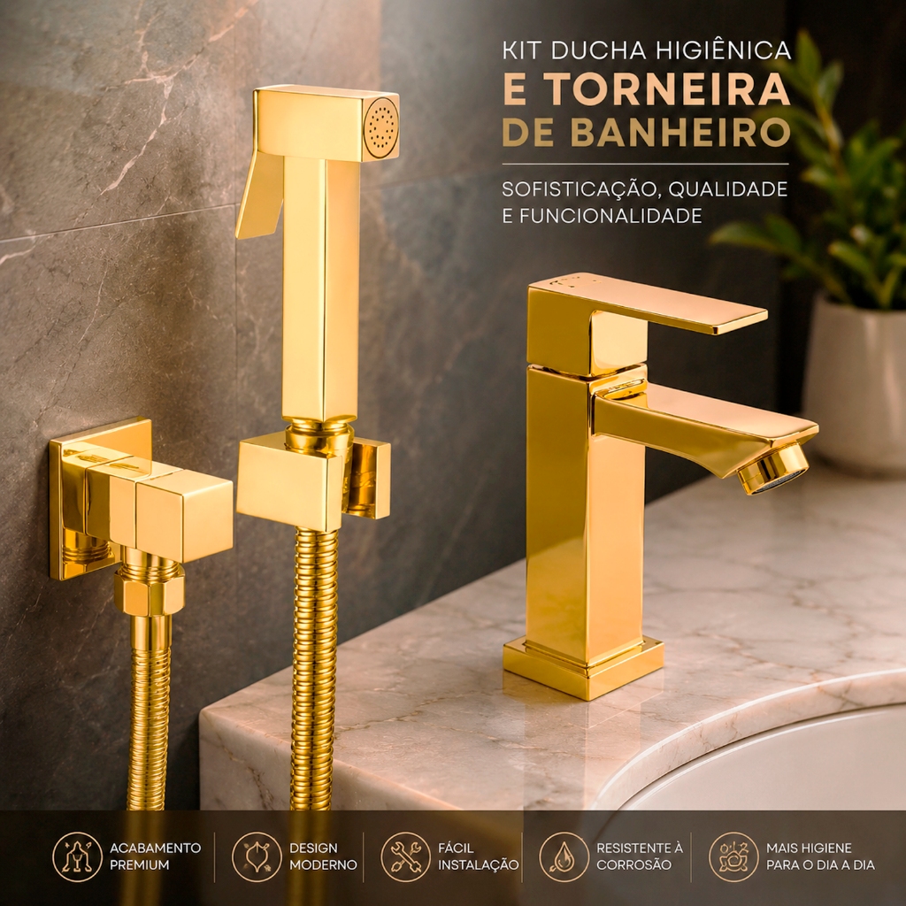 Kit Ducha Higiênica Metal Dourada Ouro e Torneira de Bancada Dourada Metal Ouro