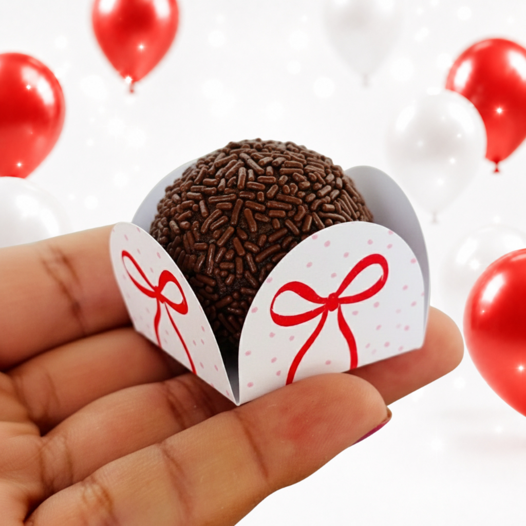 Kit 50 Forminhas Laço Vermelho Doce Brigadeiro Personalizada 4 Pétalas Aniversário Festa Infantil Lembrancinha
