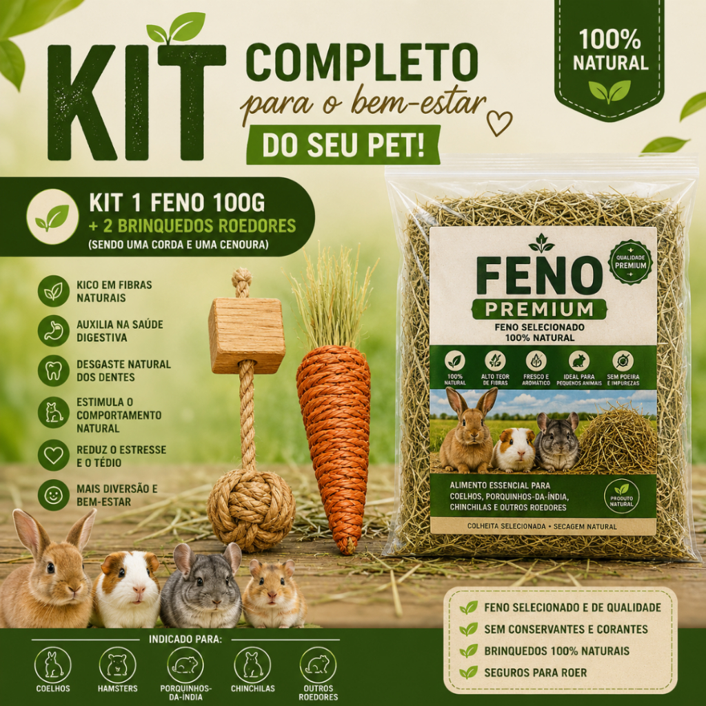 Kit Feno Premium 100g + 2 Brinquedos Naturais P/ Coelho Hamster Chinchila Porquinho-da-Índia