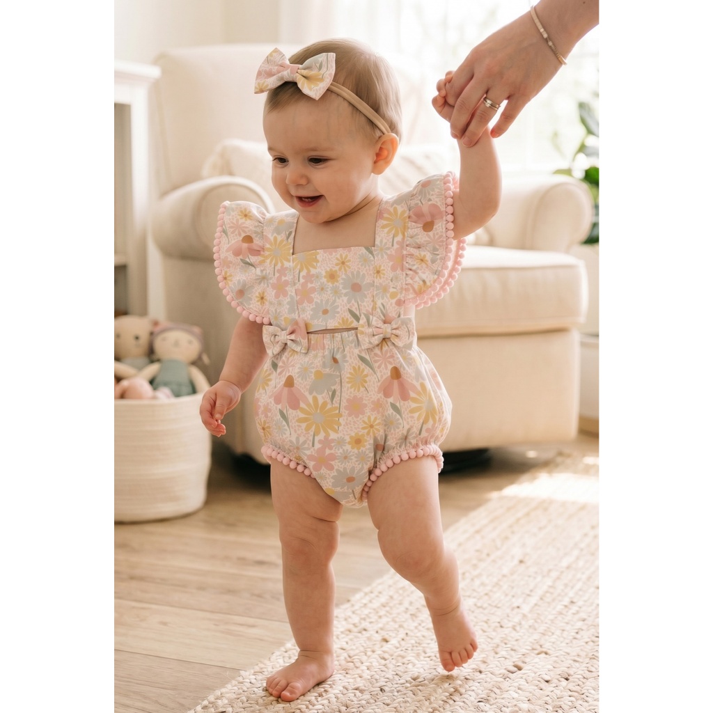 Romper Bebê Floral Margaridas Coloridas Jardim com Laços | Macaquinho Infantil Feminino Delicado para Bebês/ Body Bebê