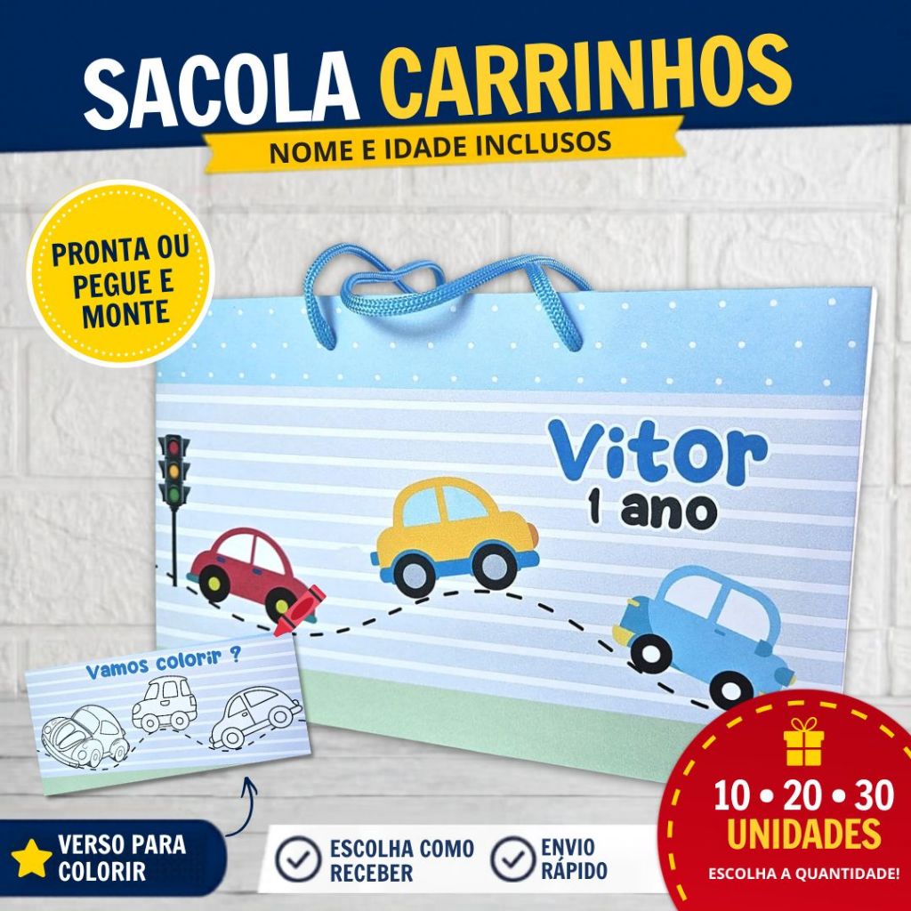 Kit Sacolas Carro Carrinhos Transporte Personalizado | Lembrancinha Festa Infantil Aniversário