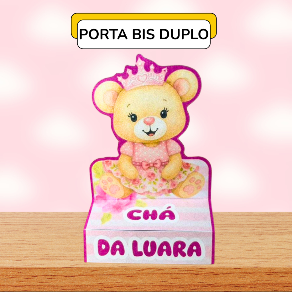 Kit Porta Bis Duplo Personalizado Festa Chá Ursinha Princesa Rosa - Lembrancinha Decoração Aniversário