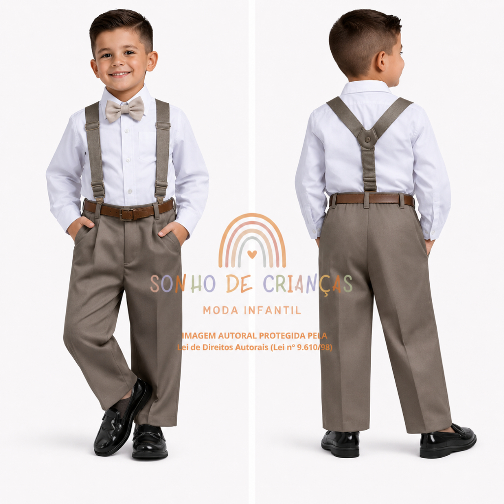 Conjunto Social Infantil Menino Suspensório Verde Militar Camisa Calça Festa