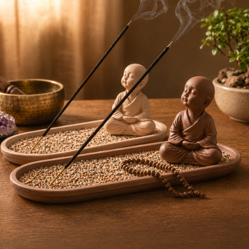 Imagem Porta Incenso Incensário Mini Buda Decoração Zen Yoga Meditação Aromaterapia Cascata Fumaça Cor Kit