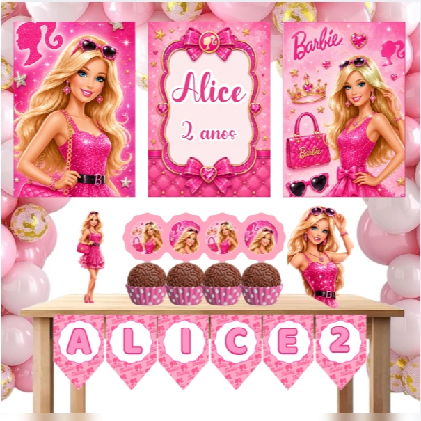 Kit festa personalizado só um bolinho , tema barbie rosa -fazemos todos os temas