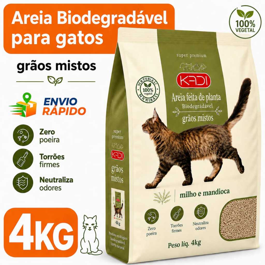 Areia Higiênica Kadi Biodegradável para Gatos Grãos mistos 4kG