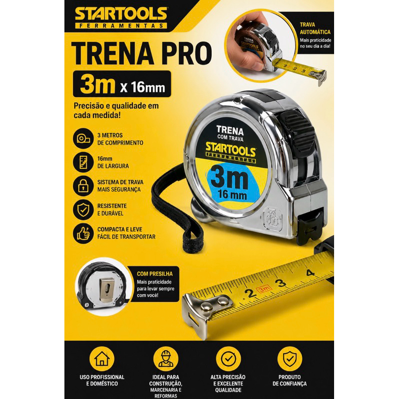 Trena Profissional Startools PRO 3 Metros x 16mm Com Trava Medição Precisa