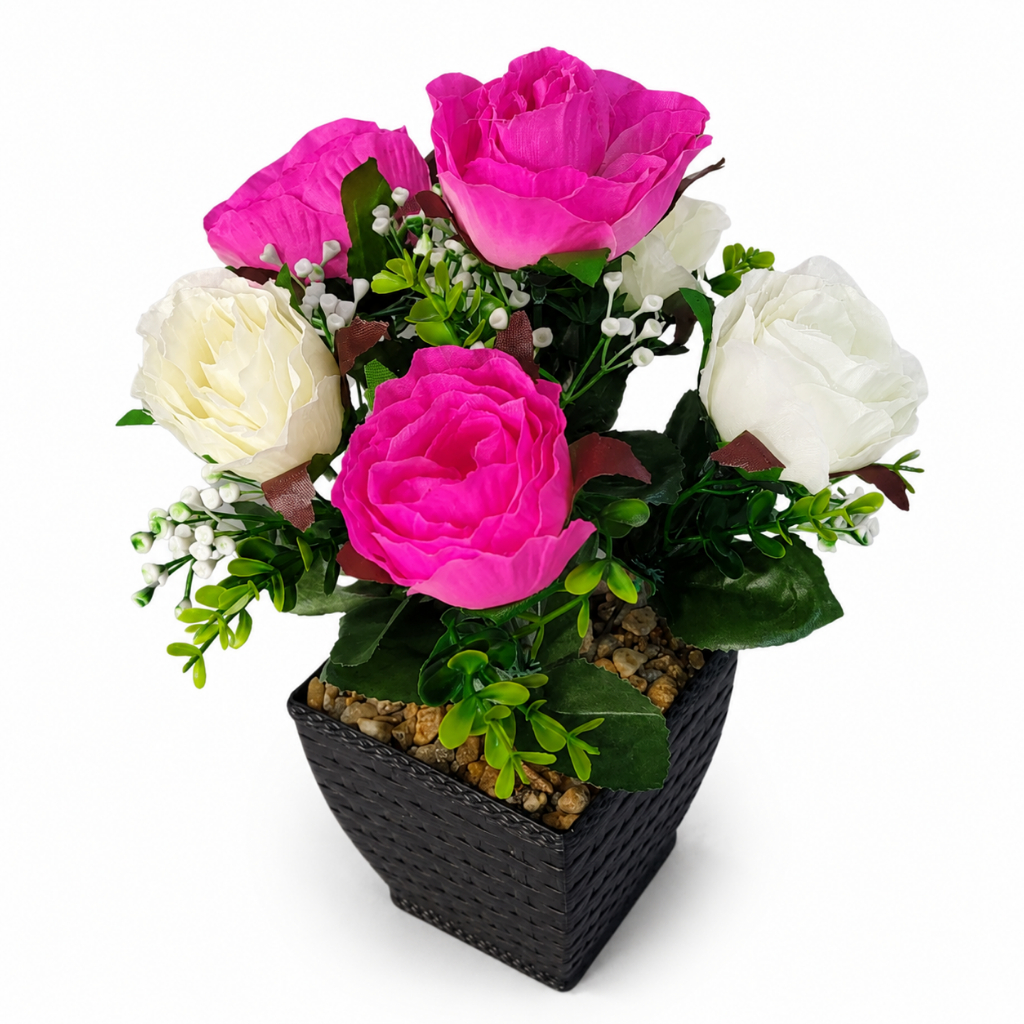 Arranjo 6 Rosas Artificiais Rosa Choque e Branco 30cm Com Vaso Preto Decorativo