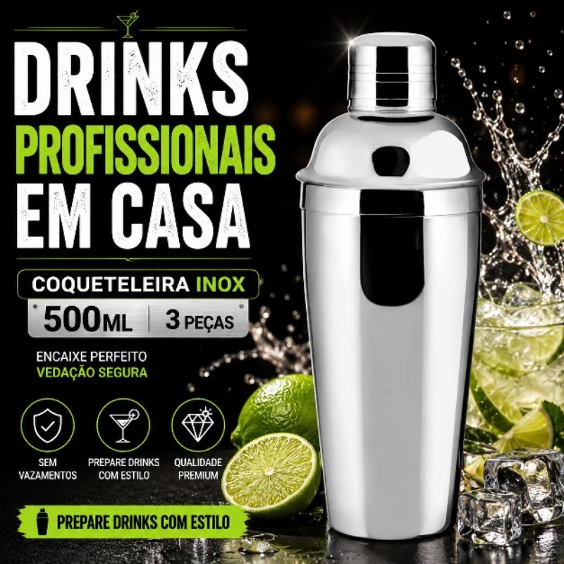 Coqueteleira Inox 500ml 3 Peças com Dosador e Coador Bar Drinks Caipirinha TOP CHEF
