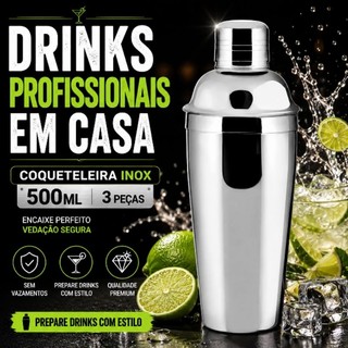 Coqueteleira Inox 500ml 3 Peças com Dosador e Coador Bar Drinks Caipirinha TOP CHEF