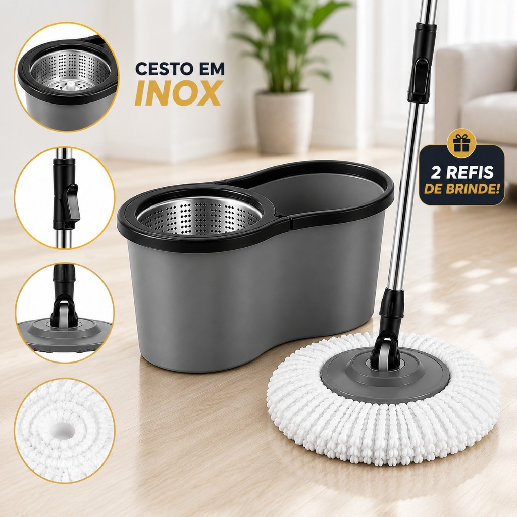 Mop Giratório 360° Esfregão Multiuso 9 litros Com Centrífuga Balde Alça Cabo Reforçado Microfibra Cesto Inox Ou Plástico