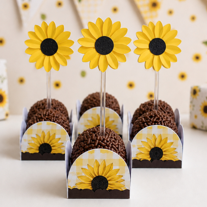 Kit Forminhas + Topper Docinho Girassol 3D Tag para Doces Festa Infantil Chá de Bebê Aniversário Decoração Mesa