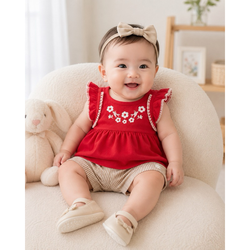 Conjunto Bebê Menina Brandili Mundi TAM P Blusinha Vermelha Floral + Short Listrado