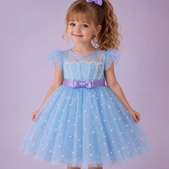 Vestido Infantil Sereia Fundo do Mar Pérolas Tule Azul Festa Aniversário 1 ao 4 Anos