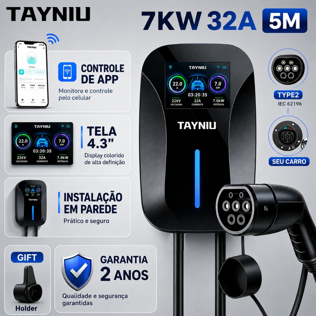 Carregador de Parede para Carro Elétrico TAYNIU 7KW Tipo 2 80V-260V Tela 4.3" APP IP66 para BYD GWM