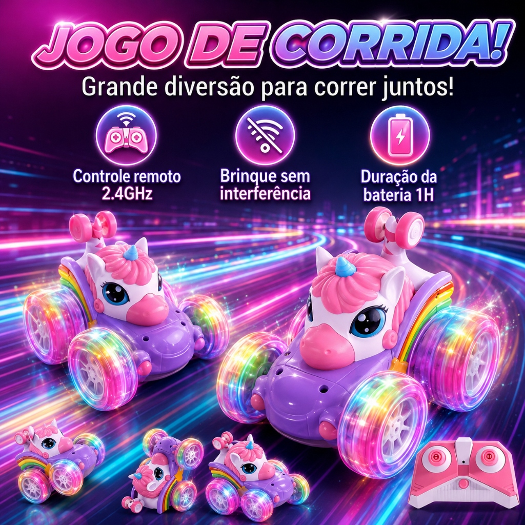 Carrinho Unicórnio Recarregável Com Luzes Coloridas Som Com Controle Remoto Infantil Menina Kizumba