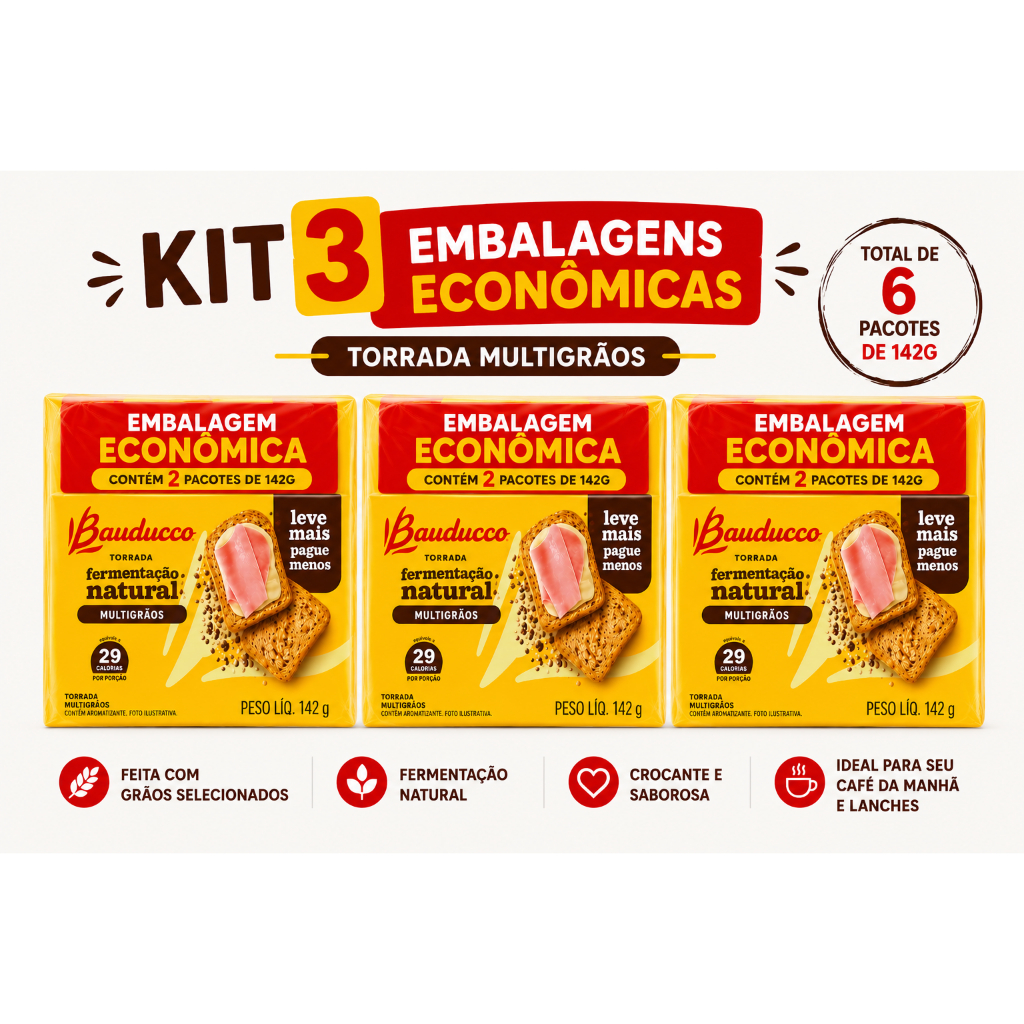 Kit 3 Embalagens Econômicas Torrada Bauducco Multigrãos Fermentação Natural 142g Total 6 Pacotes