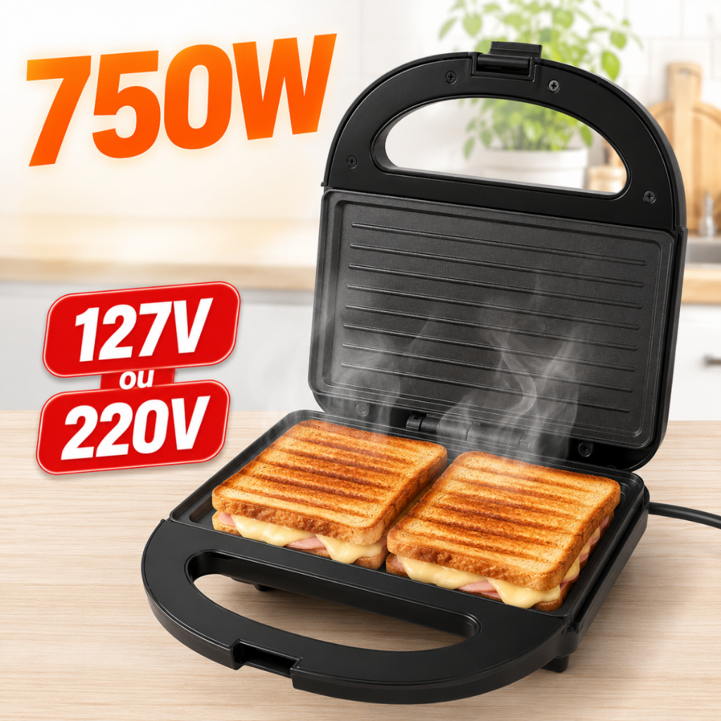 Sanduicheira Grill Elétrica Antiaderente Prensa Dupla Multifuncional 110V Ou 220V 750 Watts