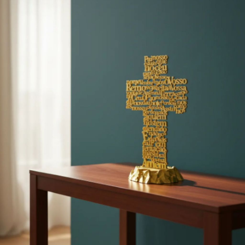 Cruz Pai Nosso Decorativa Escultura Religiosa 3D Mesa Altar Oração Presente Cristão Católico Decoração Casa Sala Qua