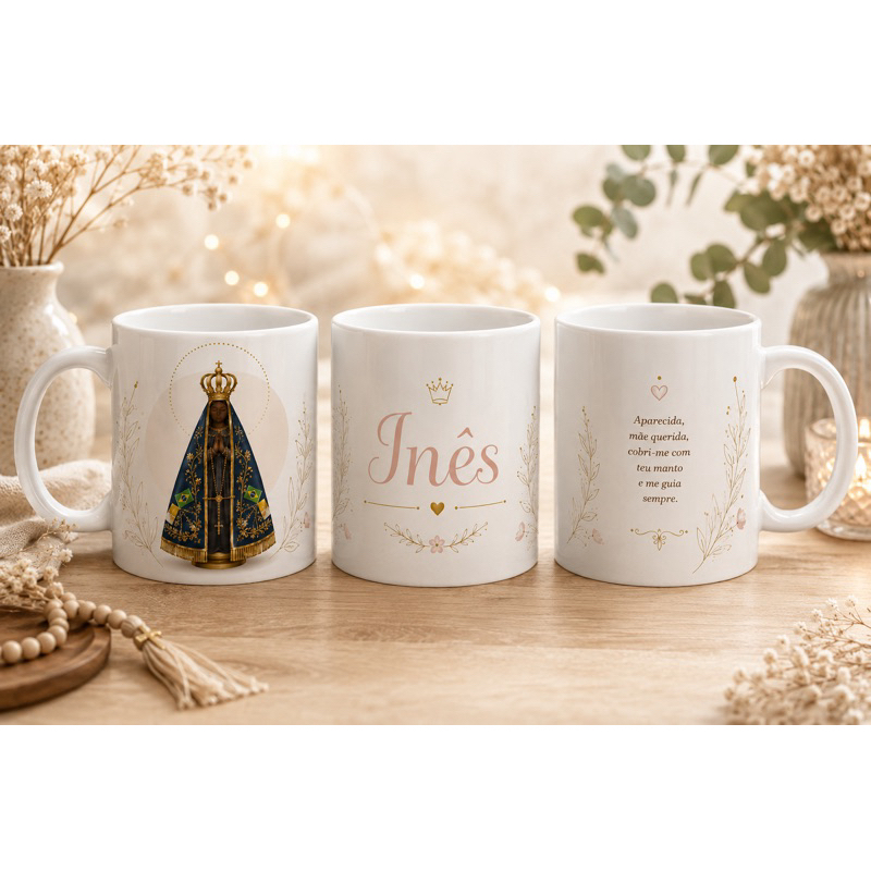 Caneca Personalizada Nossa Senhora Aparecida com Nome | Presente Religioso Católico 325ml