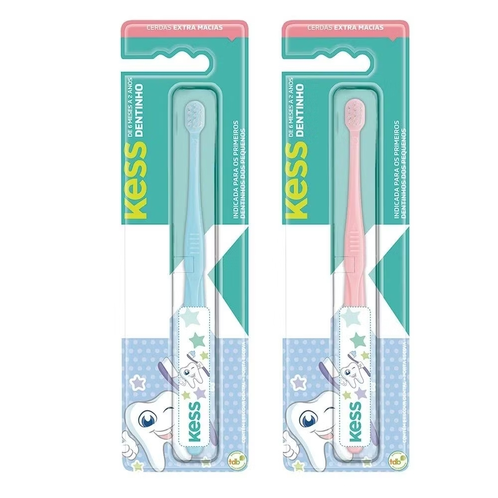 Kit c/2 Escova Dental Infantil Bebê 6 a 24 meses Kess Dentinho Cerdas Extra Macia Rosa Azul