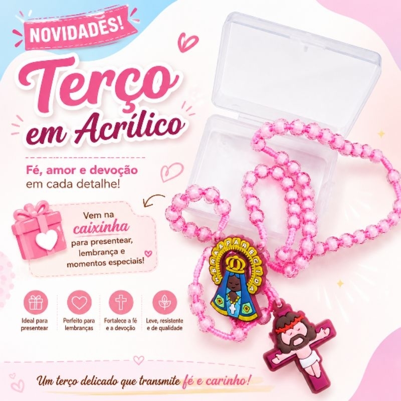 Terço Infantil Nossa Senhora Aparecida em Acrílico Rosa com Caixinha para Presente | Lembrancinha Religiosa Católica