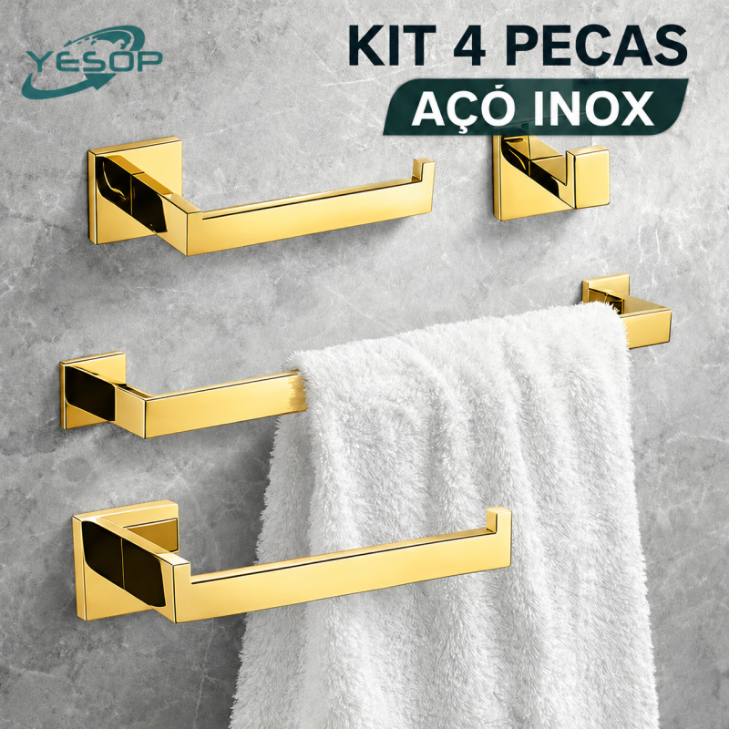 YESOP Kit Acessórios Banheiro 4 Peças Dourado Quadrado Luxo Antiferrugem Porta T
