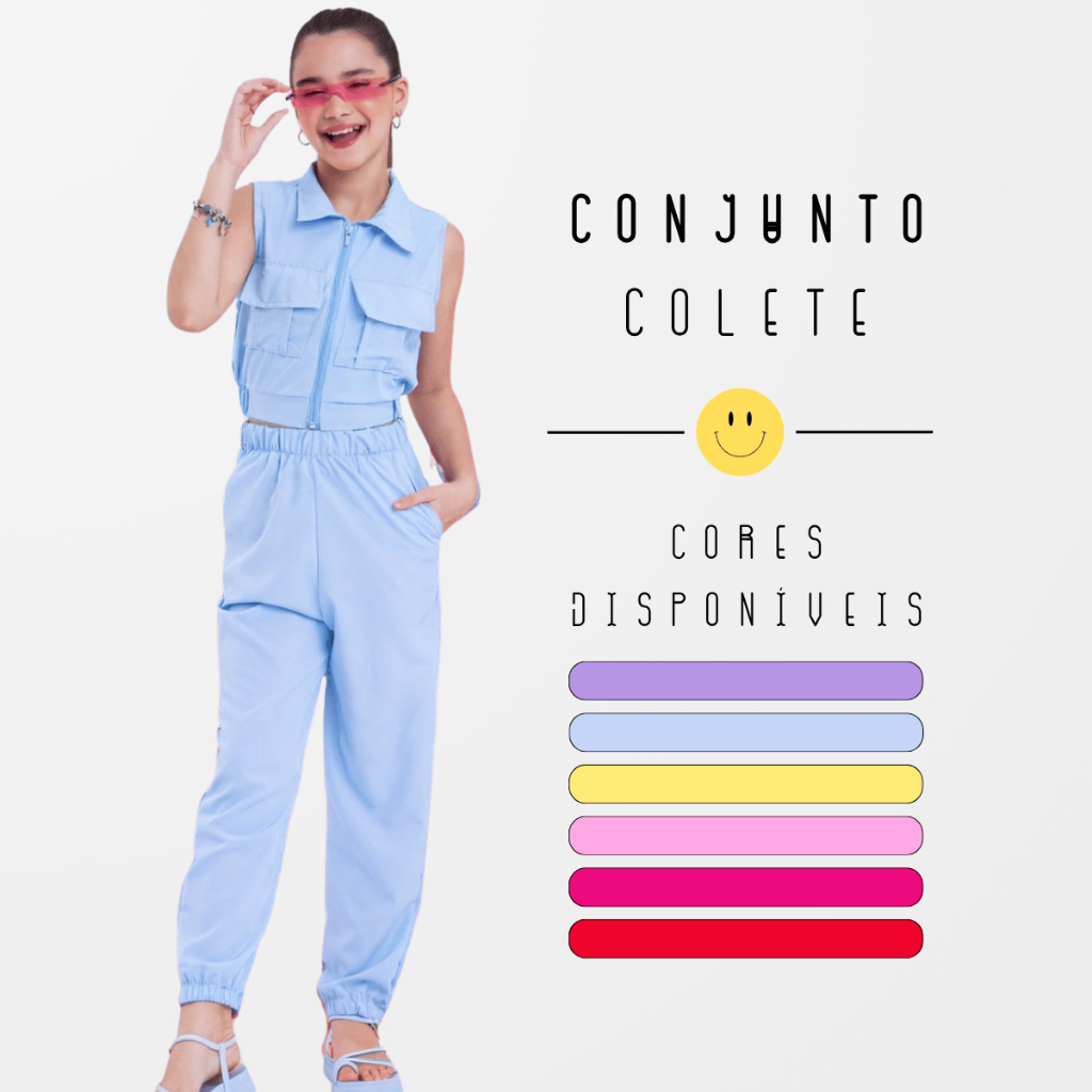 Conjunto Infantil Menina Colete com Zíper Calça Jogger Cintura Elástica Look Fashion Moderno