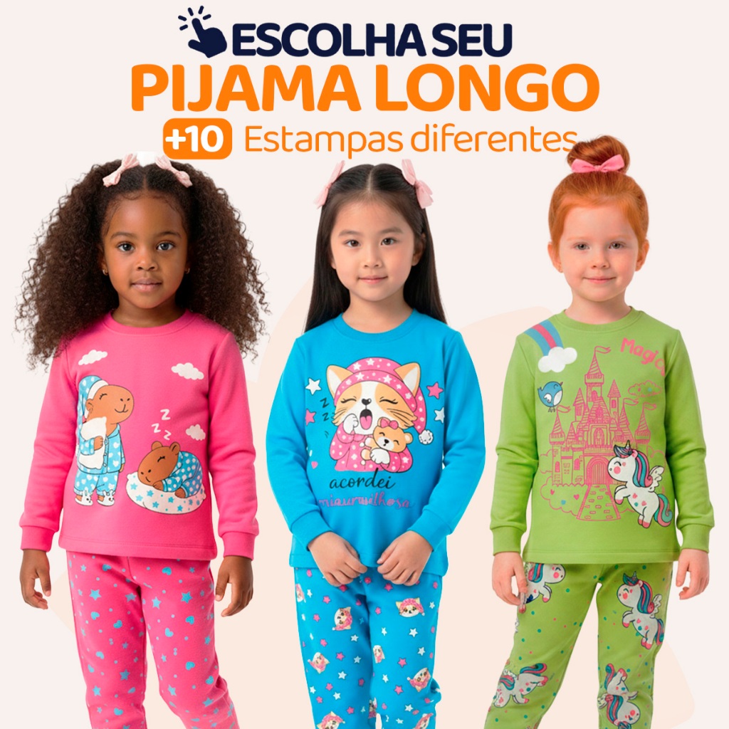 Pijama Infantil Menina Manga Longa Escolha Seu Modelo, com Estampas Fofas e Conforto Infantil Feminino Frio Inverno l03