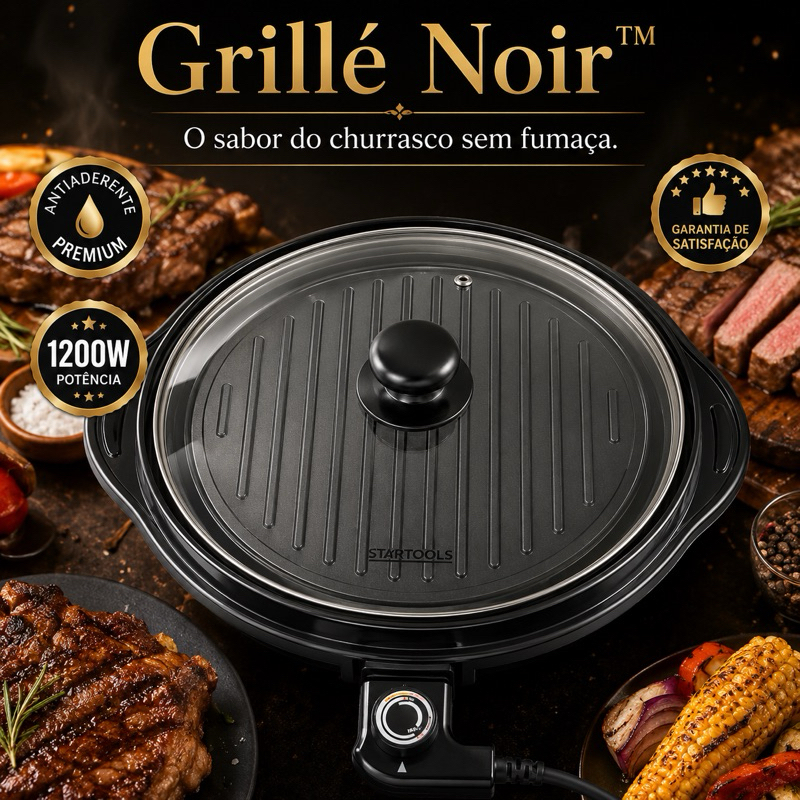 Grill Elétrico Redondo 220V Antiaderente com Termostato Ajustável 1200W Grillé Noir™ Churrasqueira Elétrica Sem Fumaça