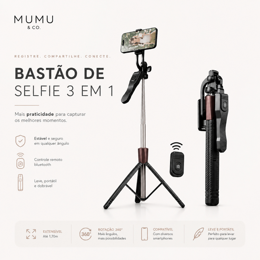 Tripé Celular 1,70m Bluetooth com Controle Remoto Selfie Stick Suporte para Smartphone 360°