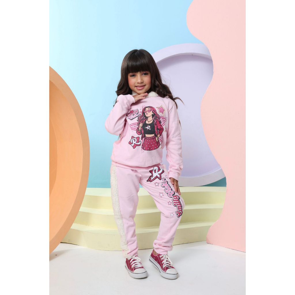 CONJUNTO INFANTIL FEMININO EMILLY VICK ROSA PELUCIADO INVERNO QUENTINHO TAMANHOS 2 AO 10 ANOS